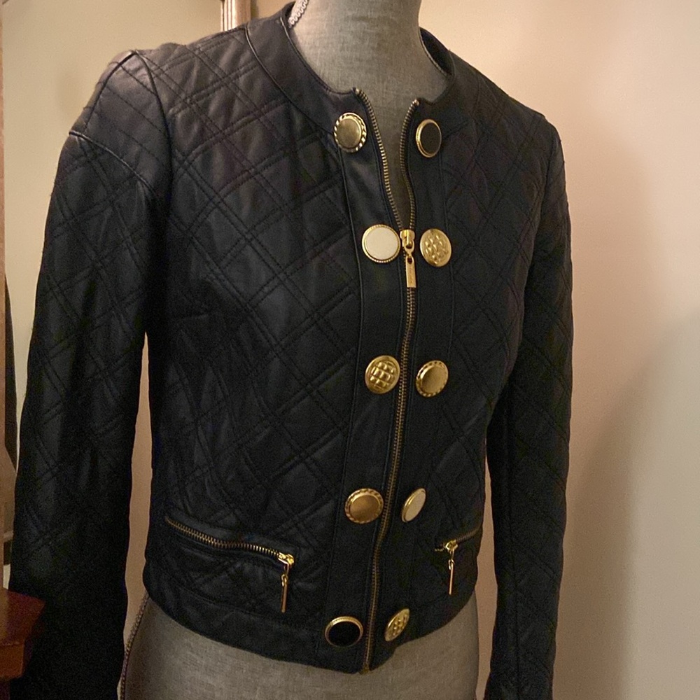 Bisou Bisou faux black leather jacket with gold zipper and buttons size Small